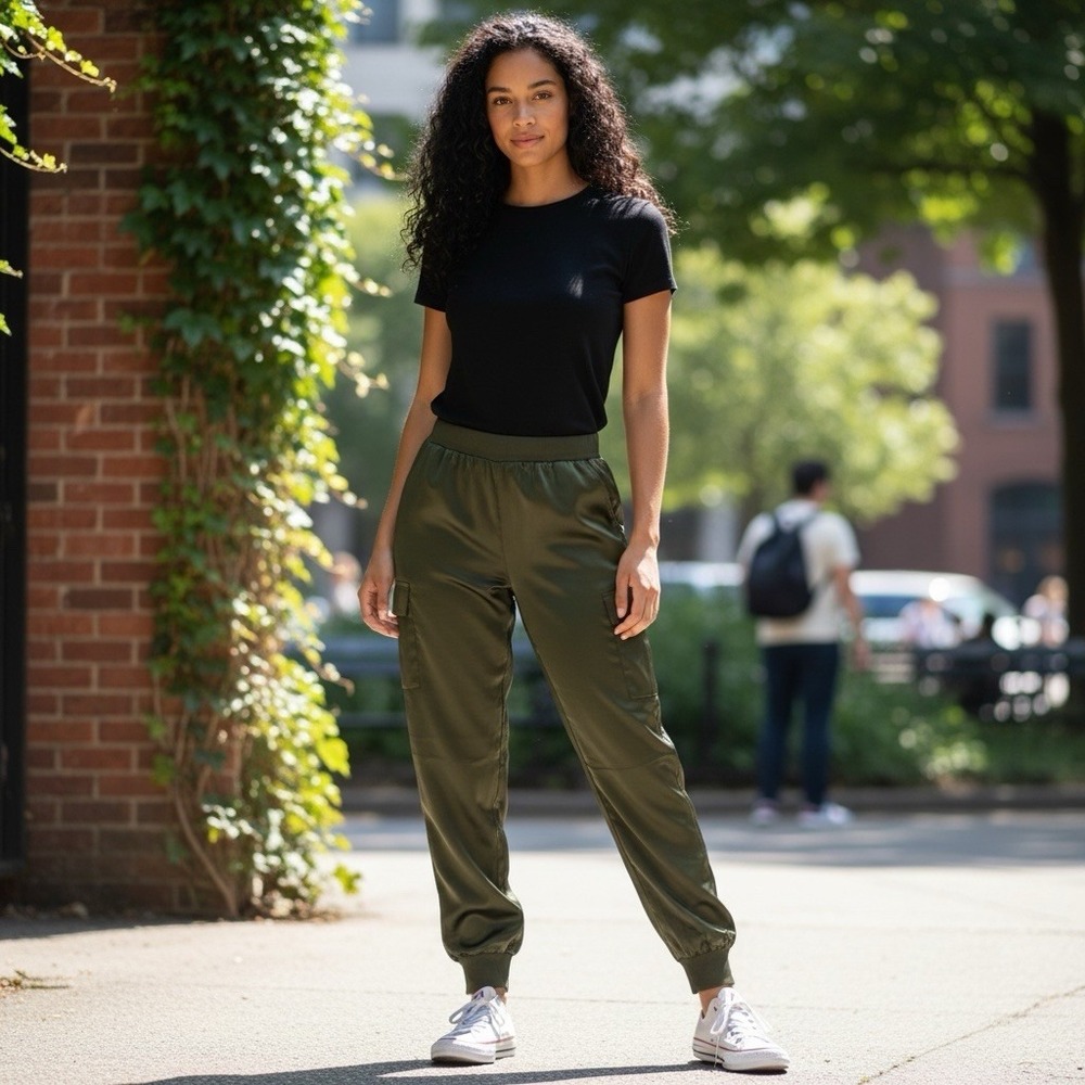 Satin Cargo joggers Olive Green Elastic Waist Utility Streetwear‎ Casual Pants M